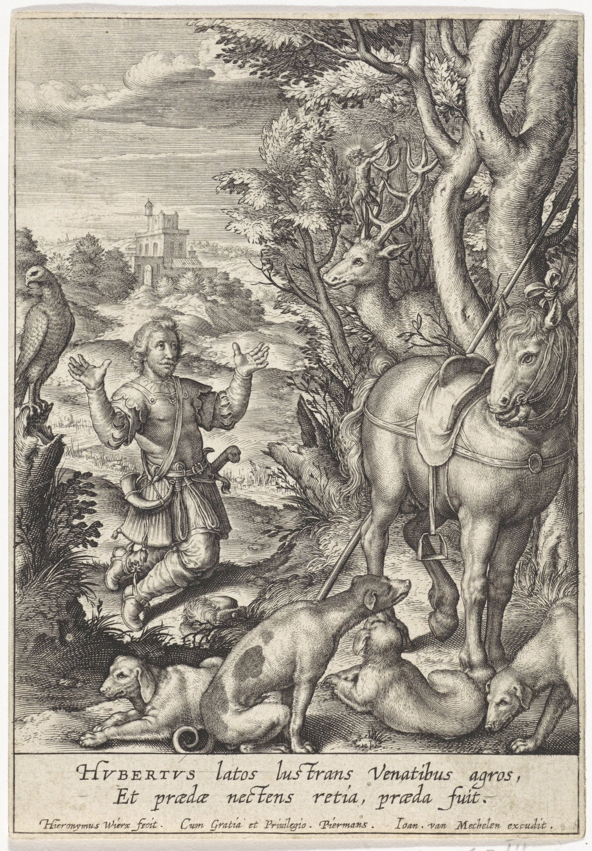 Conversion de saint Hubert devant un cerf portant un crucifix, gravure ancienne de Hieronymus Wierix