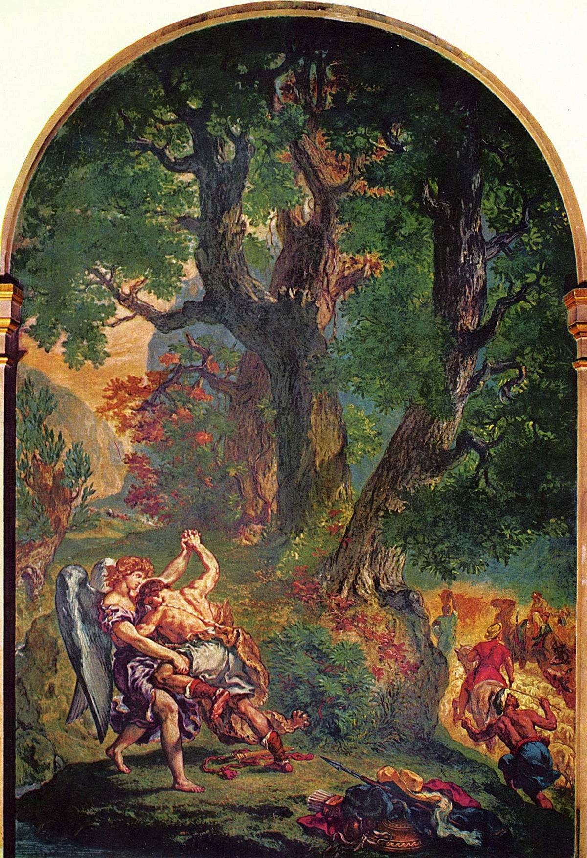 Eugène Delacroix, Jacob luttant avec l’ange, vers 1860. Illustration symbolique ; ne représente pas nominativement Raguel — histoire des traditions.