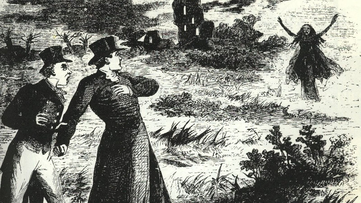 La banshee apparaît aux voyageurs : gravure The Banshee Appears de R. Prowse (1862), patrimoine irlandais, domaine public, recadrage 16:9