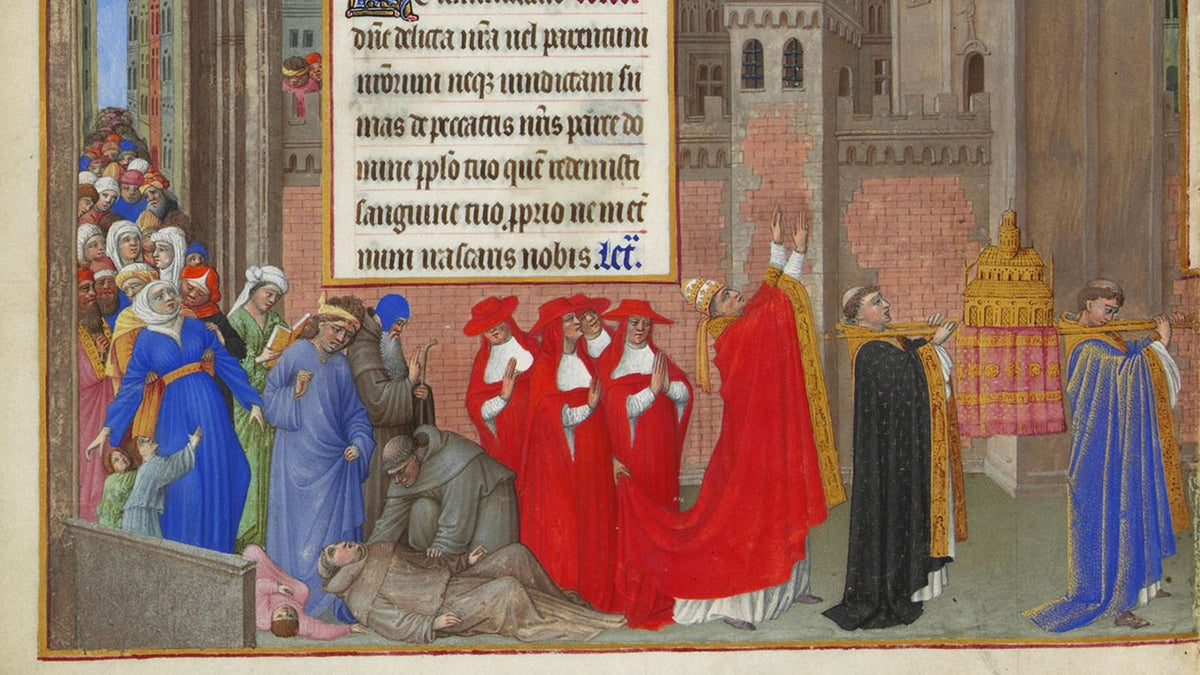 Enluminure médiévale des frères de Limbourg montrant la procession de saint Grégoire avec une châsse-reliquaire, Très Riches Heures du duc de Berry, vers 1413