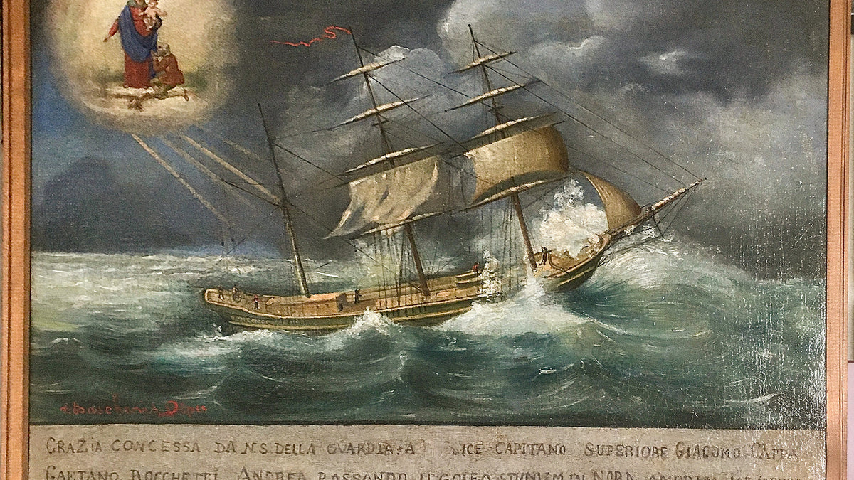 Ex-voto marin de Marcello Baschenis (1881) : navire dans la tempête sous la protection de Notre-Dame de la Garde de Gênes