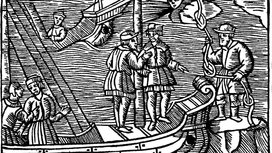 Vente de vents aux marins dans une corde à trois nœuds, gravure d’Olaus Magnus publiée en 1555