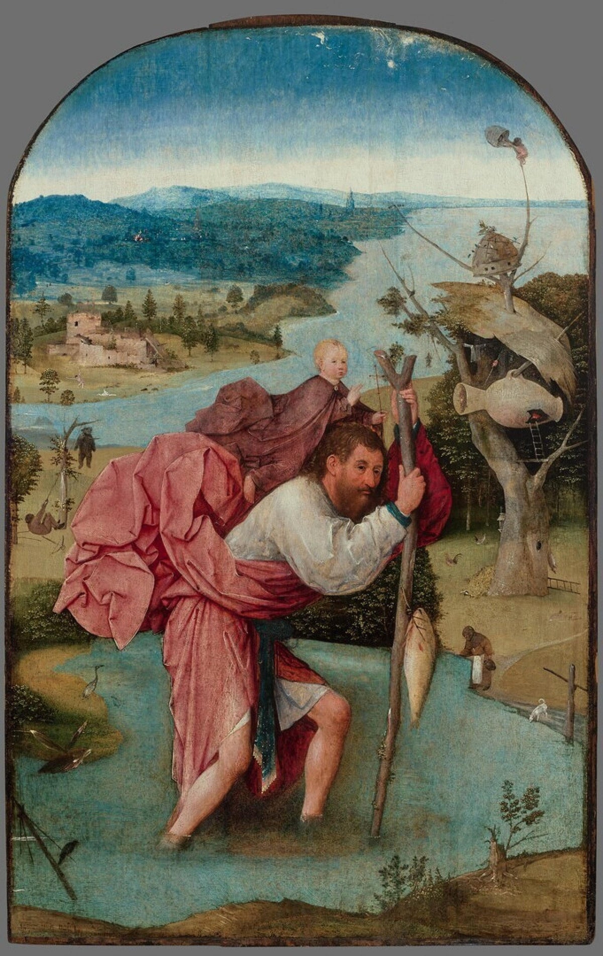 Saint Christophe traverse une rivière en portant l’Enfant Jésus, peinture de Jérôme Bosch