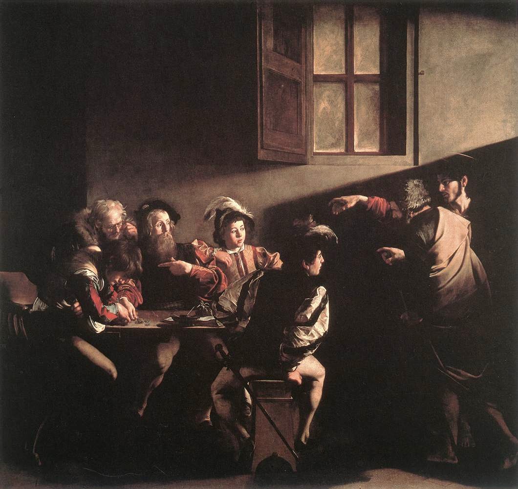 Jésus désigne Matthieu, assis au bureau des taxes, dans une peinture du Caravage