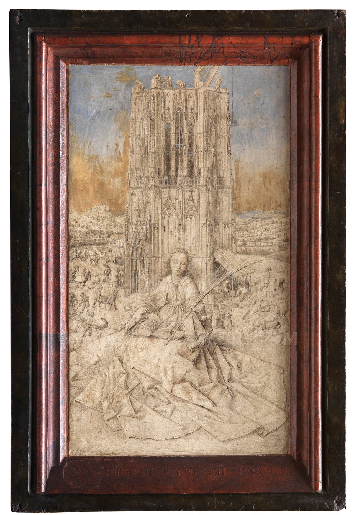 Sainte Barbe assise devant la construction d’une tour dans une œuvre de Jan van Eyck