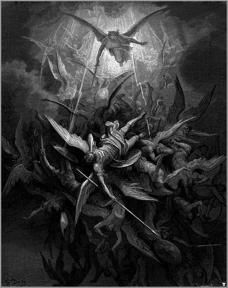 Combat des anges dans une gravure de Gustave Doré pour Le Paradis perdu (1866), illustration symbolique, non portrait de Sandalphon