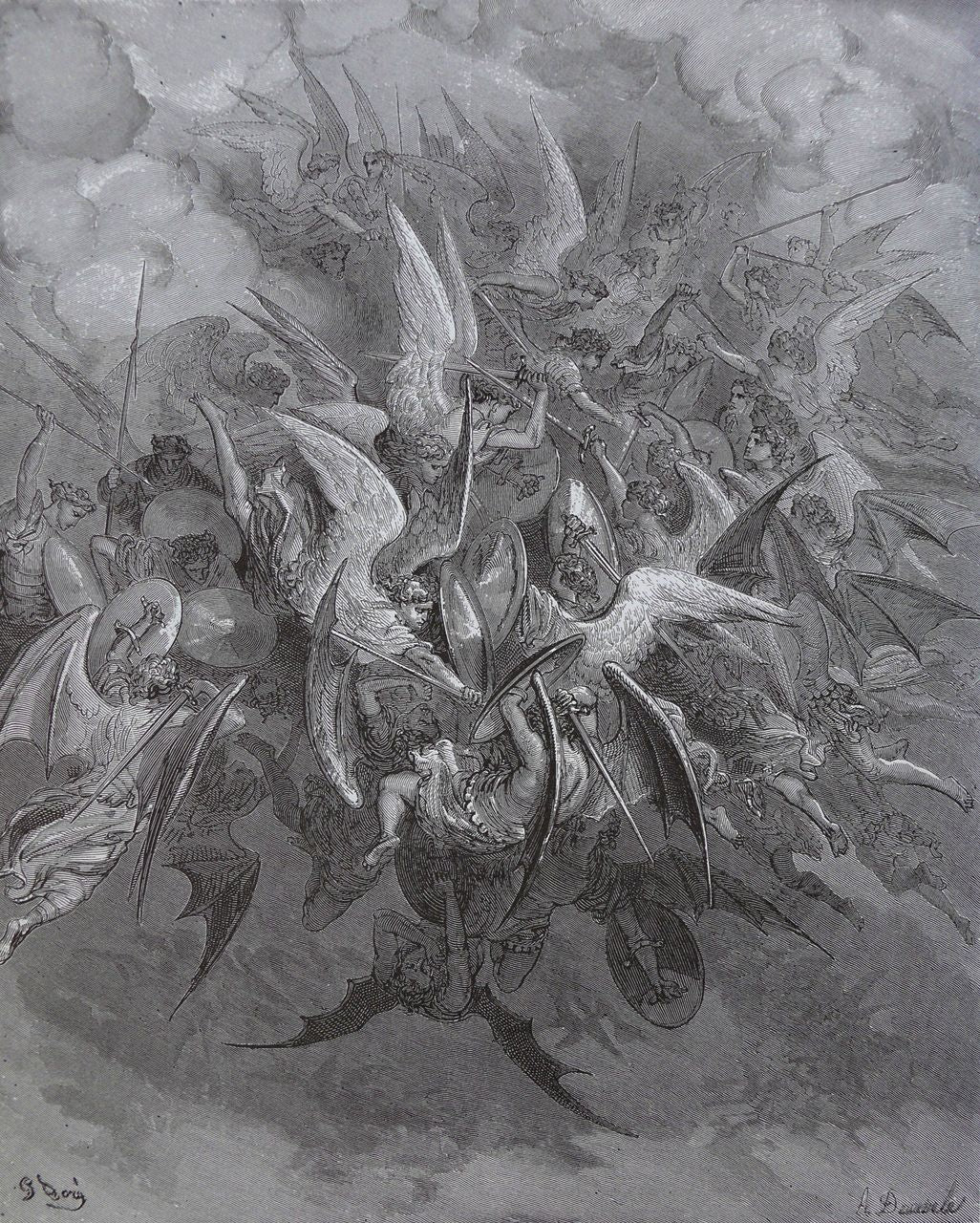 Gustave Doré, anges en combat, 1866. Illustration symbolique ; ne représente pas nominativement Camaël — histoire des traditions.