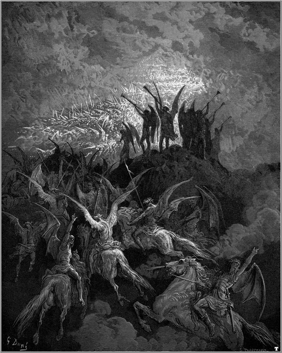 Gustave Doré, anges sonnant la victoire, 1866. Illustration symbolique ; ne représente pas nominativement Zadkiel — histoire des traditions.