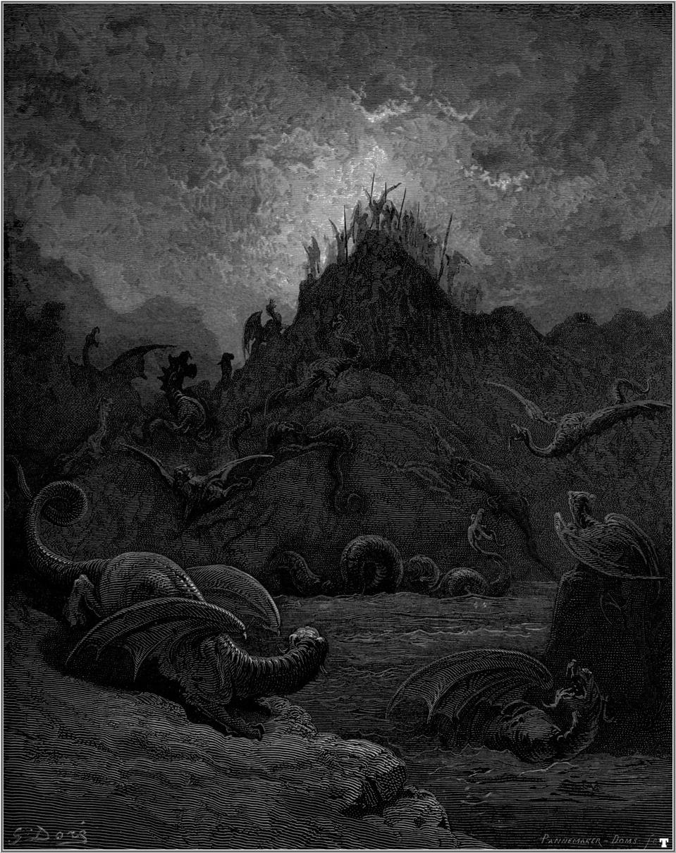 Gustave Doré, anges contemplant les abîmes, 1866. Illustration symbolique ; ne représente pas nominativement Sariel — histoire des traditions.