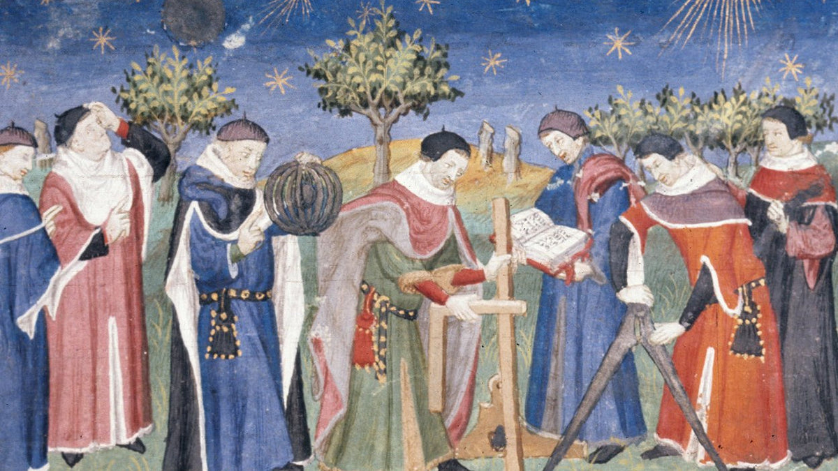 Savants médiévaux étudiant le ciel et la géométrie, enluminure française du 15ème siècle
