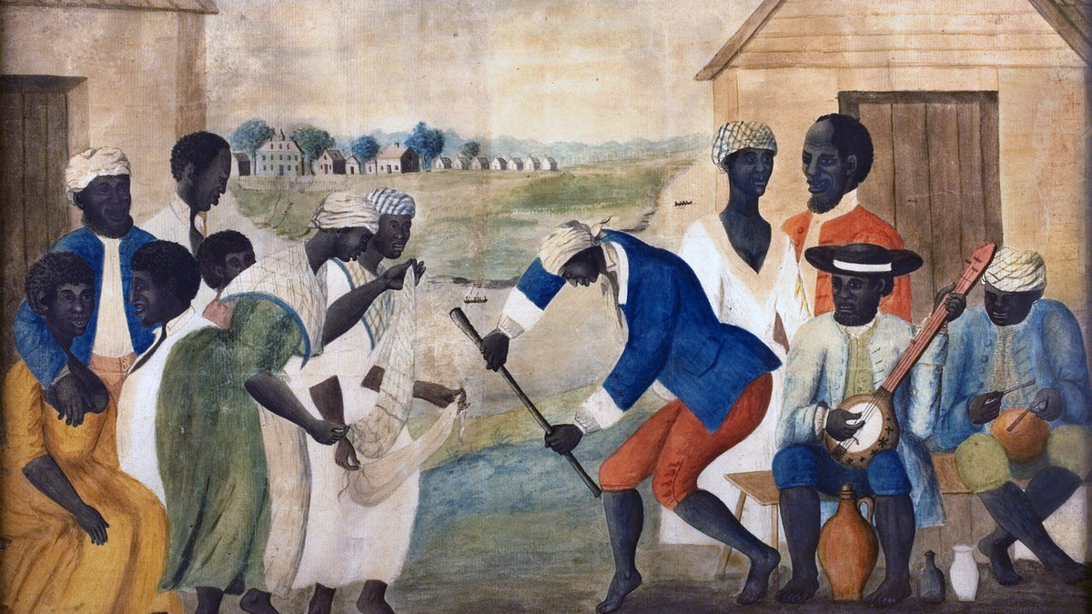 The Old Plantation, aquarelle attribuée à John Rose vers 1790, communauté afro-américaine du Lowcountry de Caroline du Sud ; contexte historique des arbres à bouteilles bleues Gullah Geechee
