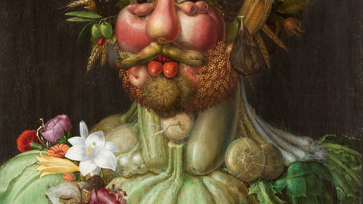 Giuseppe Arcimboldo, Vertumne (1591), portrait de Rodolphe II composé de fruits et de plantes, évocation de la doctrine des signatures à la Renaissance