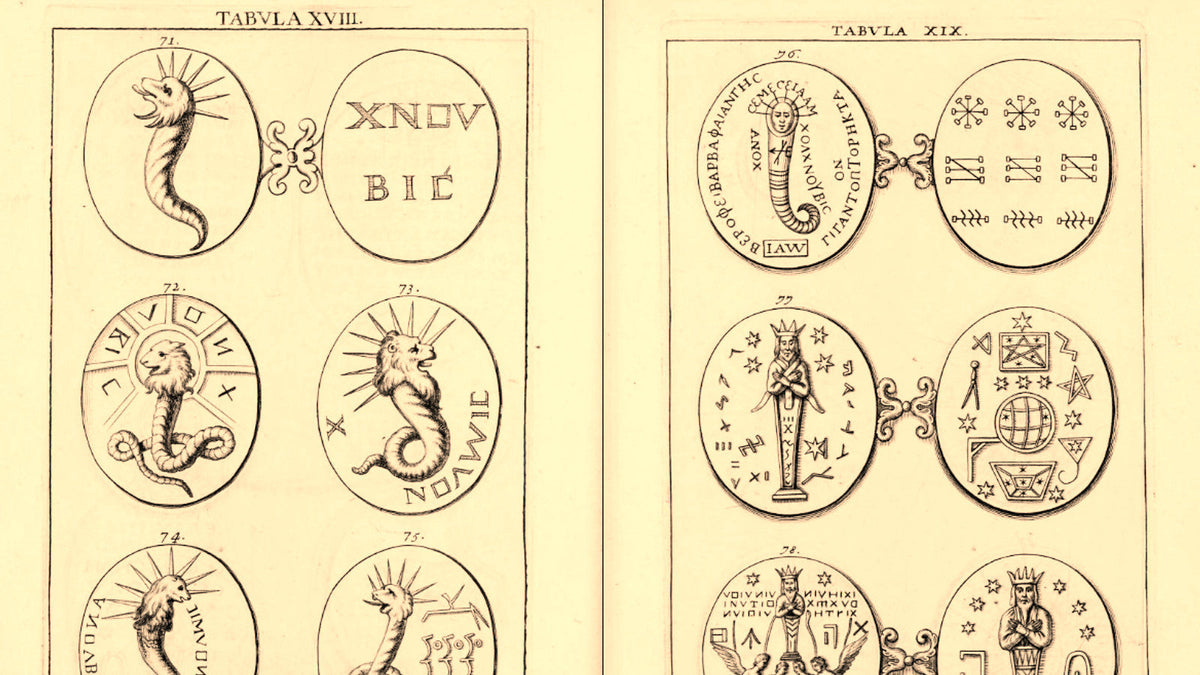 Gravures de gemmes magiques antiques d'après Johann Chiflet, 1657 : Chnoubis serpent solaire et noms divins, œuvre historique en format 16:9