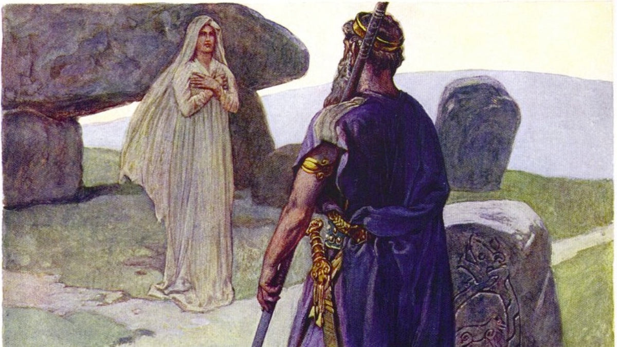 Odin consulte une voyante völva près de pierres levées, illustration d’Emil Doepler de 1905, divination et seiðr nordiques