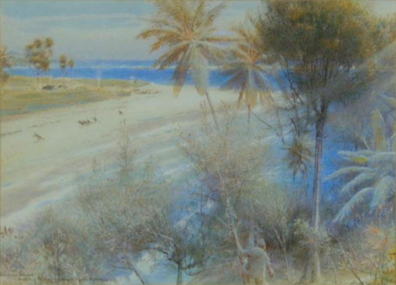 Albert Goodwin, Robinson Crusoe découvrant une empreinte de pas dans le sable, peinture de 1906