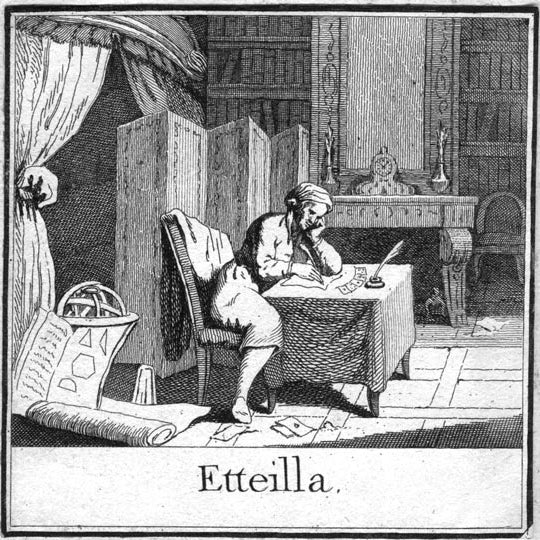 Jean-Baptiste Alliette dit Etteilla à sa table de travail, gravure publiée dans le Cours théorique et pratique du Livre de Thot en 1790 — Aeternum, blog & boutique ésotérique