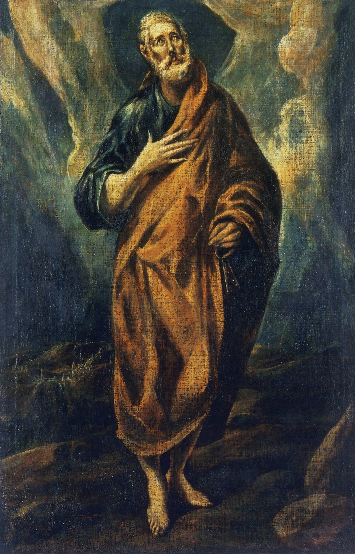 Saint Pierre debout dans une peinture du Greco, manteau ocre et visage levé vers le ciel