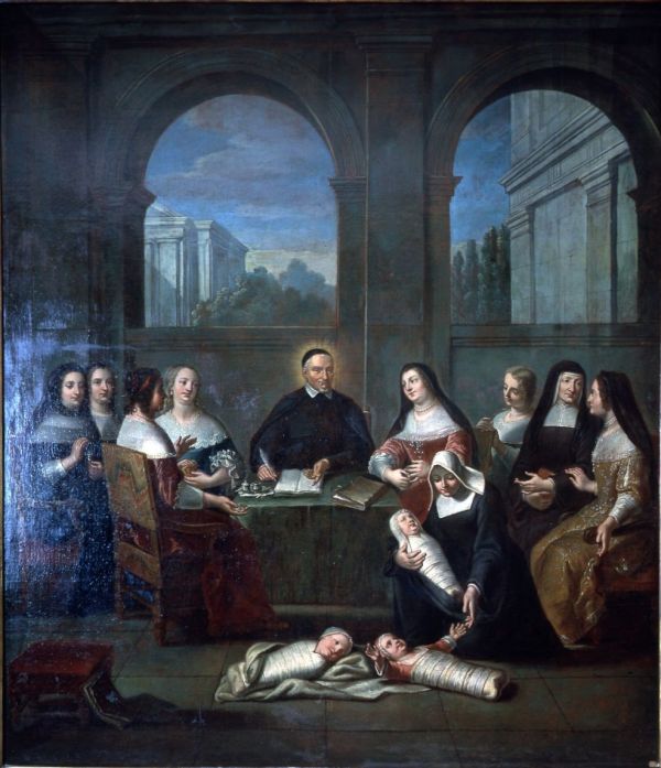 Saint Vincent de Paul accompagné des Dames de la Charité, peinture du 18ème siècle