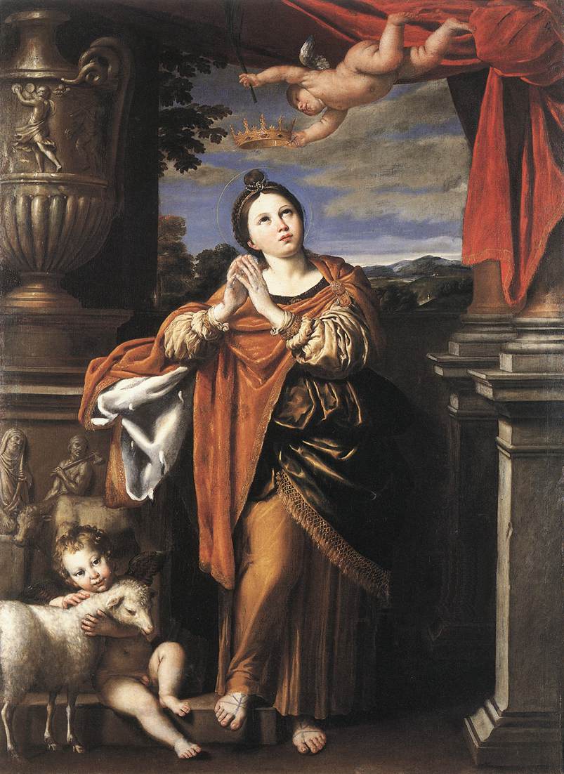 Sainte Agnès de Rome dans une peinture du Dominiquin, tenant les attributs de son martyre