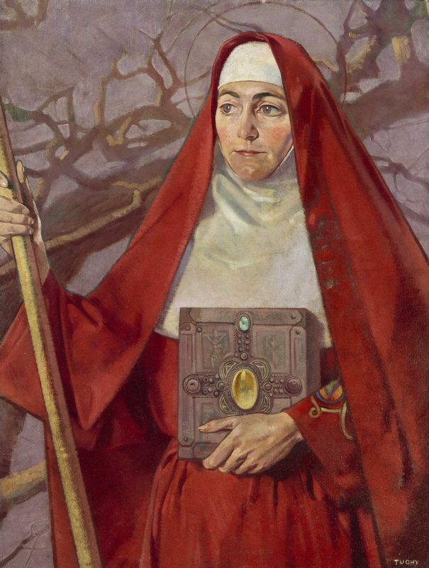 Portrait peint ancien de sainte Brigitte d’Irlande avec voile et auréole