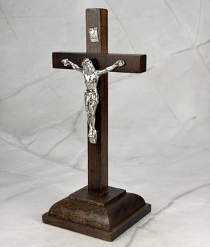 Crucifix Christ en bois & métal sur socle