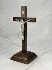 Crucifix Christ en bois & métal sur socle